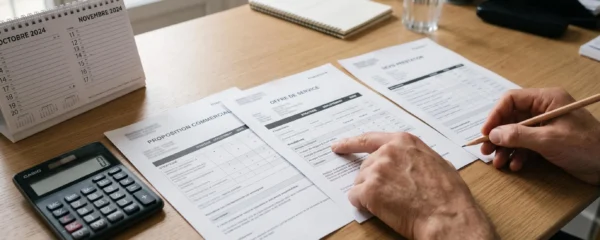 Photographie éditoriale de documents de devis SEO anonymes disposés à côté d’un calendrier et d’une calculatrice.