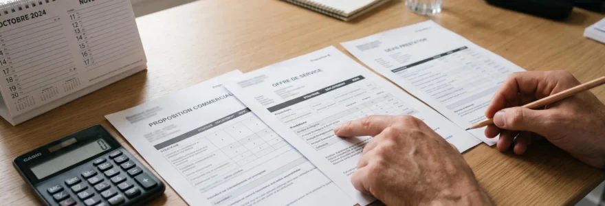 Photographie éditoriale de documents de devis SEO anonymes disposés à côté d’un calendrier et d’une calculatrice.